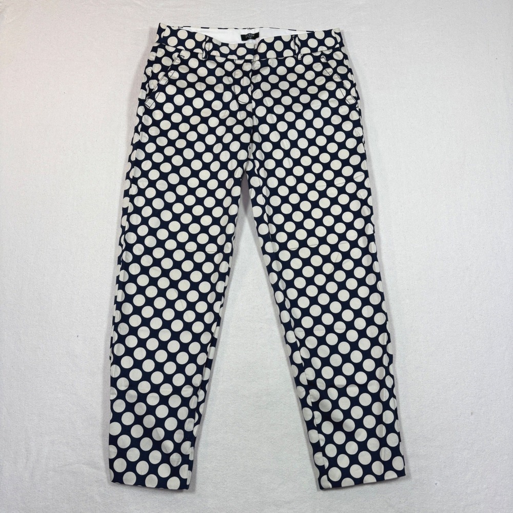 J.Crew Women's City Fit Polka Dot Pants Navy White Stretch Cotton Trousers Sz 0